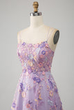 Mauve A-Line Spaghetti Straps Floral Long Prom Dress with Appliques