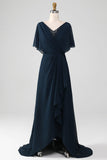Navy A-Line V-Neck Sequin Mother of the Bride Dress
