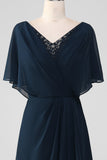 Navy A-Line V-Neck Sequin Mother of the Bride Dress