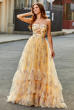 Yellow A-Line Halter Pleated Tulle Tiered Prom Dress With Embroidery