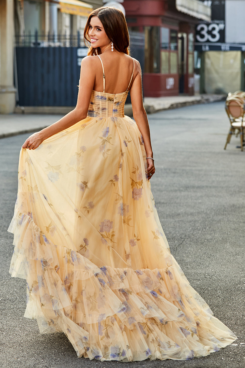 Yellow A-Line Halter Pleated Tulle Tiered Prom Dress With Embroidery