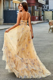 Yellow A-Line Halter Pleated Tulle Tiered Prom Dress With Embroidery