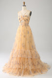 Yellow A-Line Halter Pleated Tulle Tiered Prom Dress With Embroidery