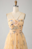 Yellow A-Line Halter Pleated Tulle Tiered Prom Dress With Embroidery