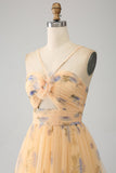 Yellow A-Line Halter Pleated Tulle Tiered Prom Dress With Embroidery