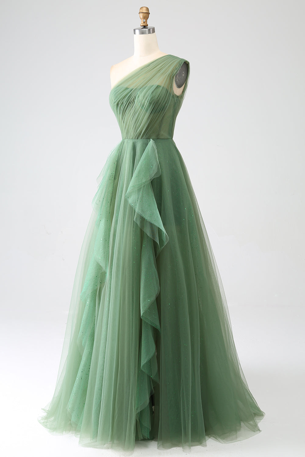Dark Green A-Line Tulle One-Shoulder Long Prom Dress with Slit