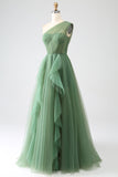 Dark Green A-Line Tulle One-Shoulder Long Prom Dress with Slit
