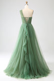 Dark Green A-Line Tulle One-Shoulder Long Prom Dress with Slit