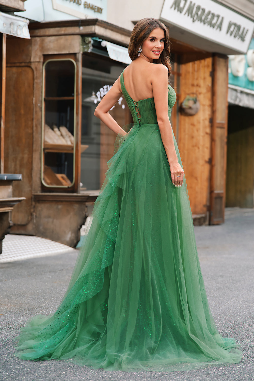 Dark Green A-Line Tulle One-Shoulder Long Prom Dress with Slit