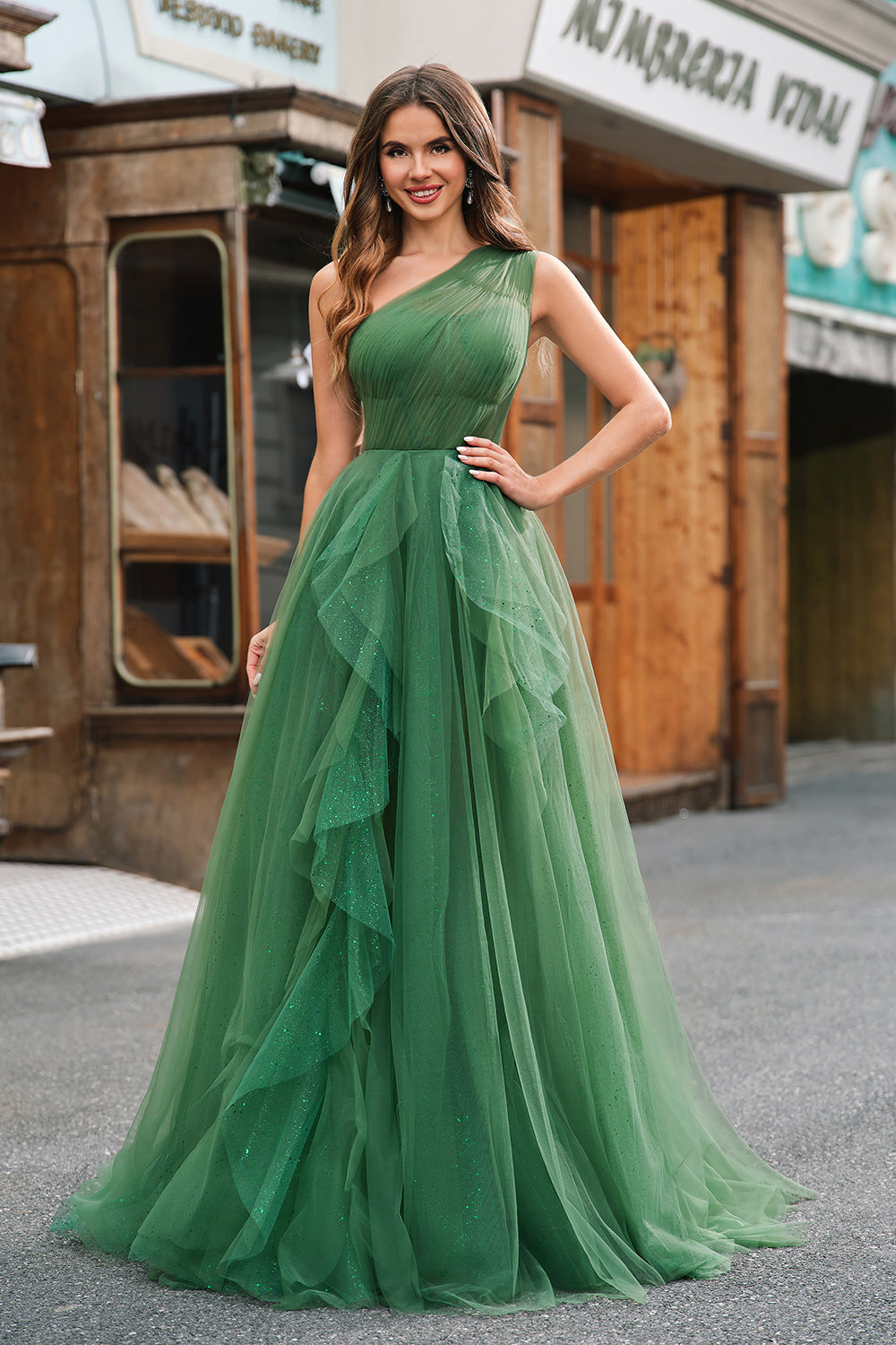 Dark Green A-Line Tulle One-Shoulder Long Prom Dress with Slit