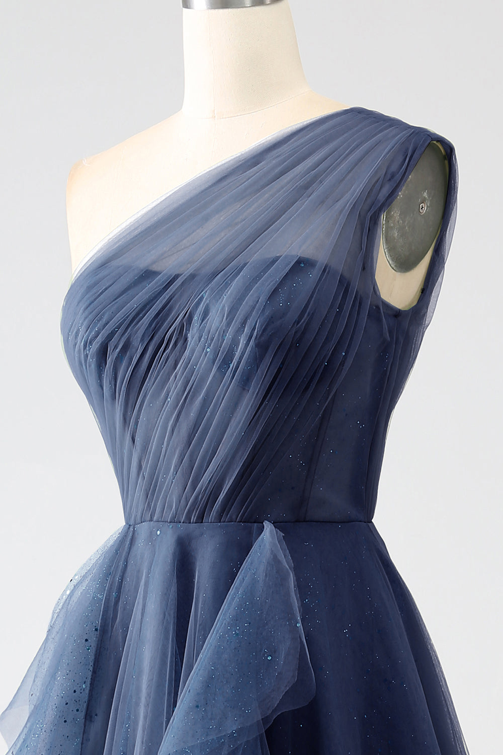 Dark Green A-Line Tulle One-Shoulder Long Prom Dress with Slit