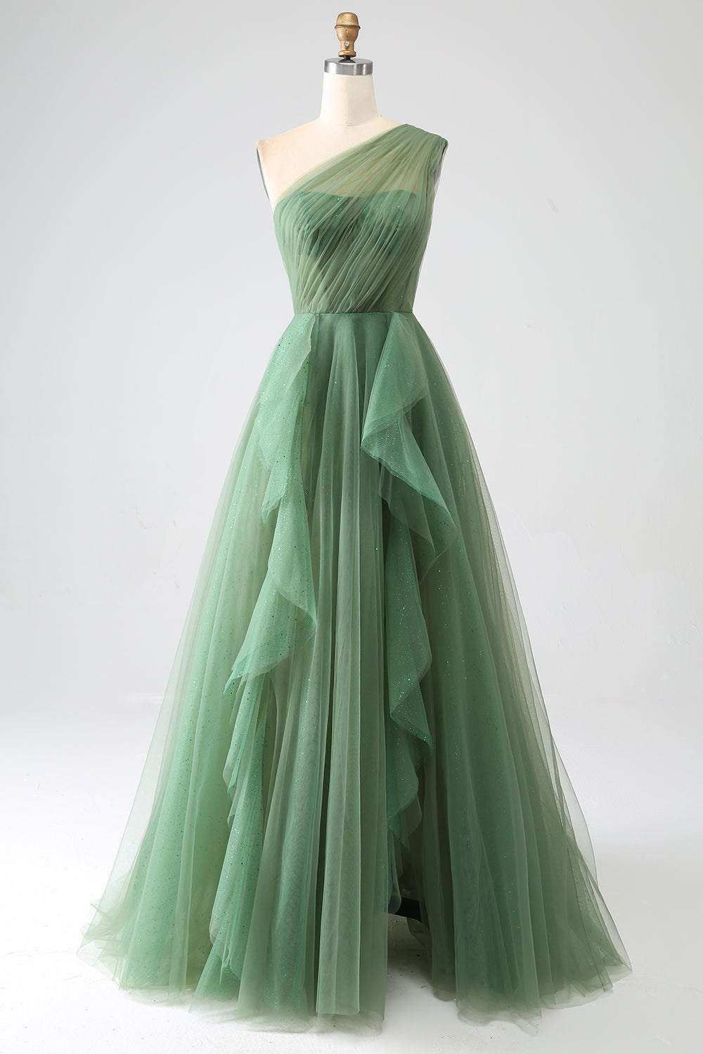 Dark Green A-Line Tulle One-Shoulder Long Prom Dress with Slit