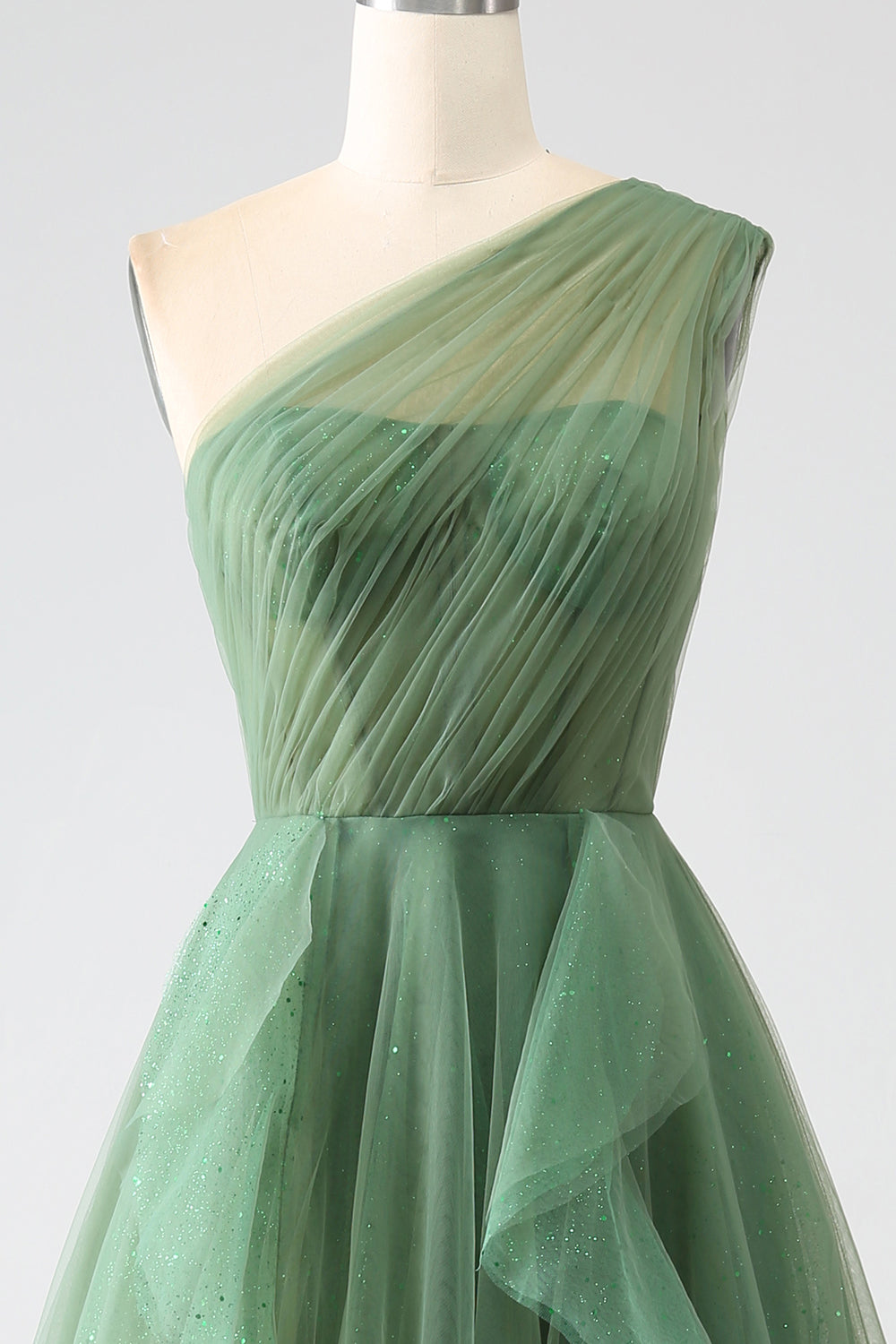Dark Green A-Line Tulle One-Shoulder Long Prom Dress with Slit