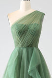 Dark Green A-Line Tulle One-Shoulder Long Prom Dress with Slit