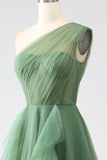 Dark Green A-Line Tulle One-Shoulder Long Prom Dress with Slit