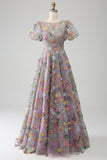 Mauve Ball-Gown/Princess Embroidered Long Prom Dress with Short Sleeves