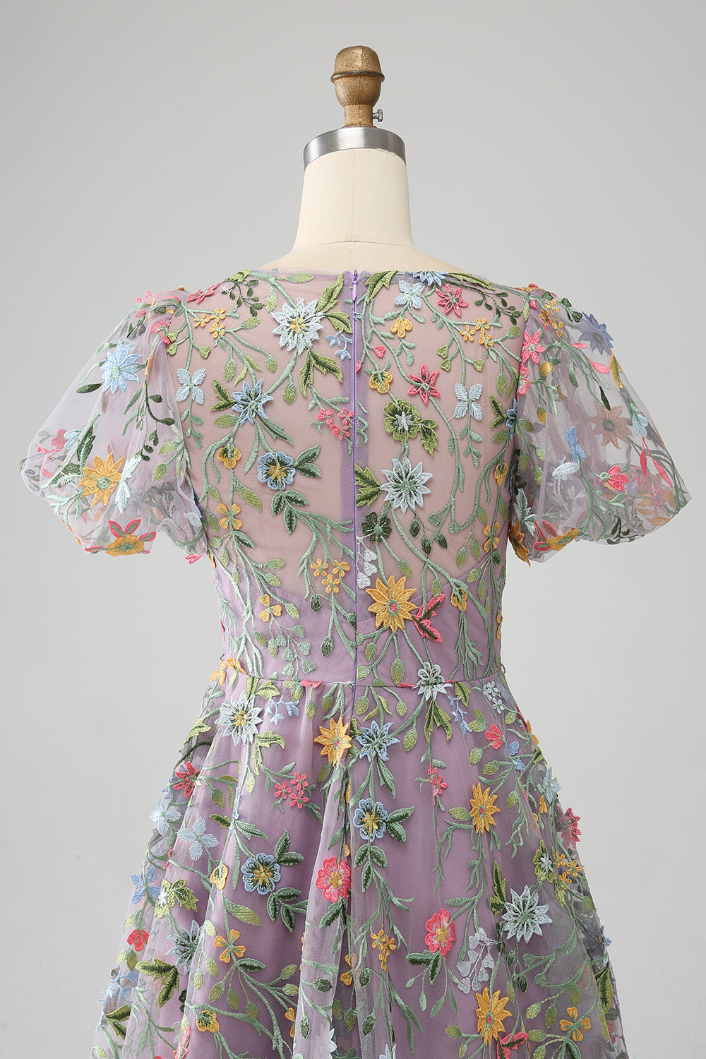 Mauve Ball-Gown/Princess Embroidered Long Prom Dress with Short Sleeves