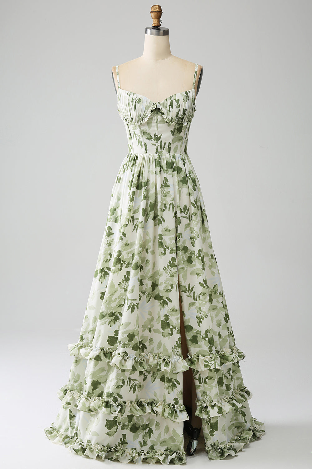 Green A-Line Spaghetti Straps Printed Maxi Dress With Slit
