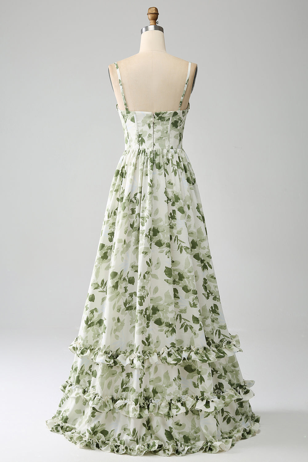 Green A-Line Spaghetti Straps Printed Maxi Dress With Slit