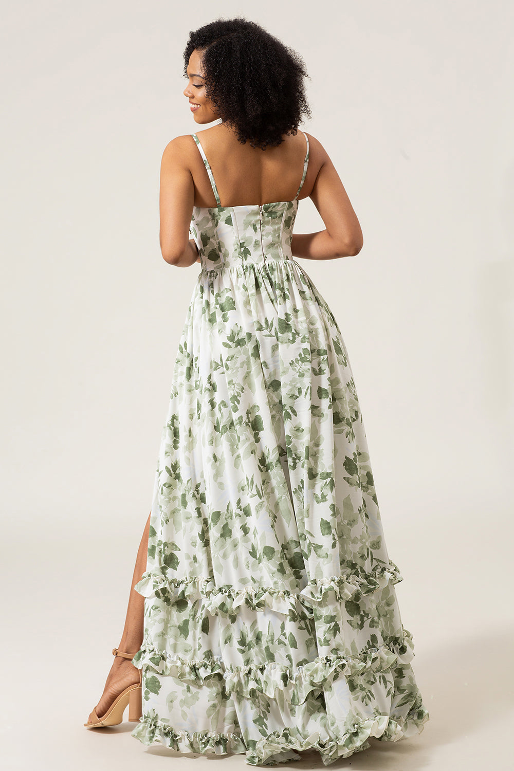 Green A-Line Spaghetti Straps Printed Maxi Dress With Slit
