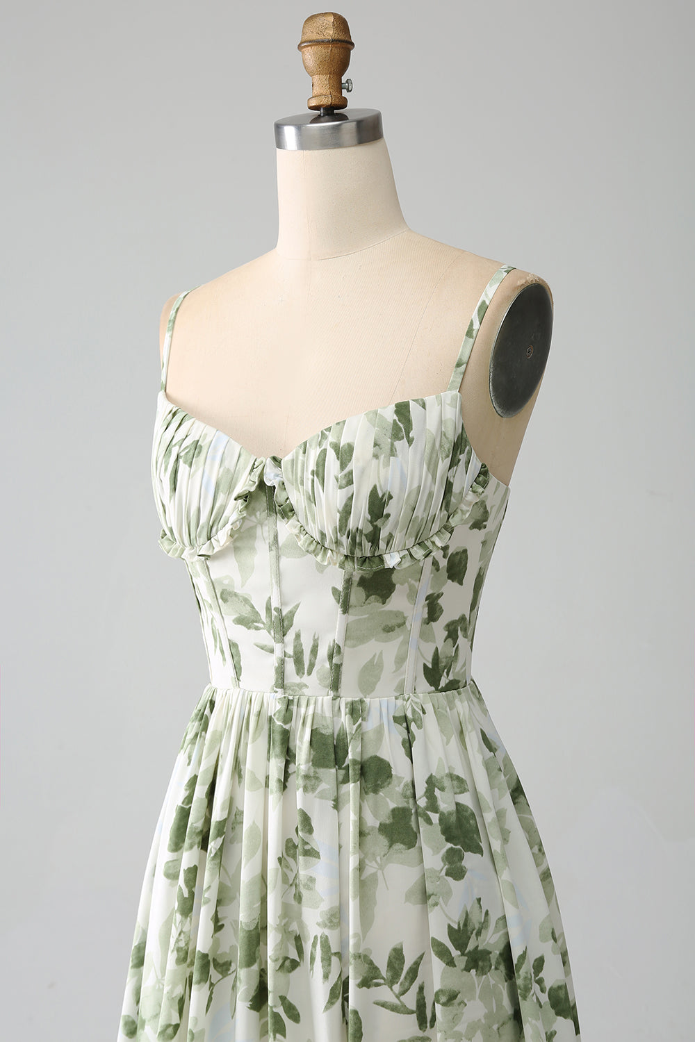 Green A-Line Spaghetti Straps Printed Maxi Dress With Slit