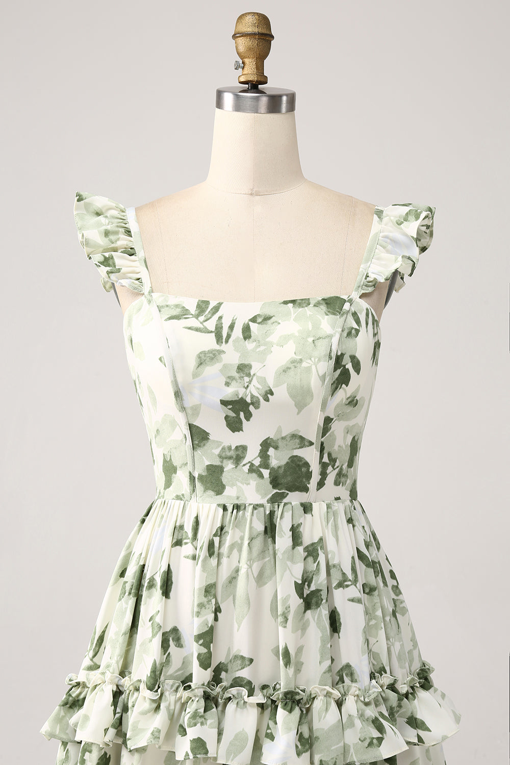 Green A-Line Spaghetti Straps Print Tiered Long Bridesmaid Dress With Slit