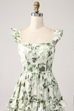Green A-Line Spaghetti Straps Print Tiered Long Bridesmaid Dress With Slit