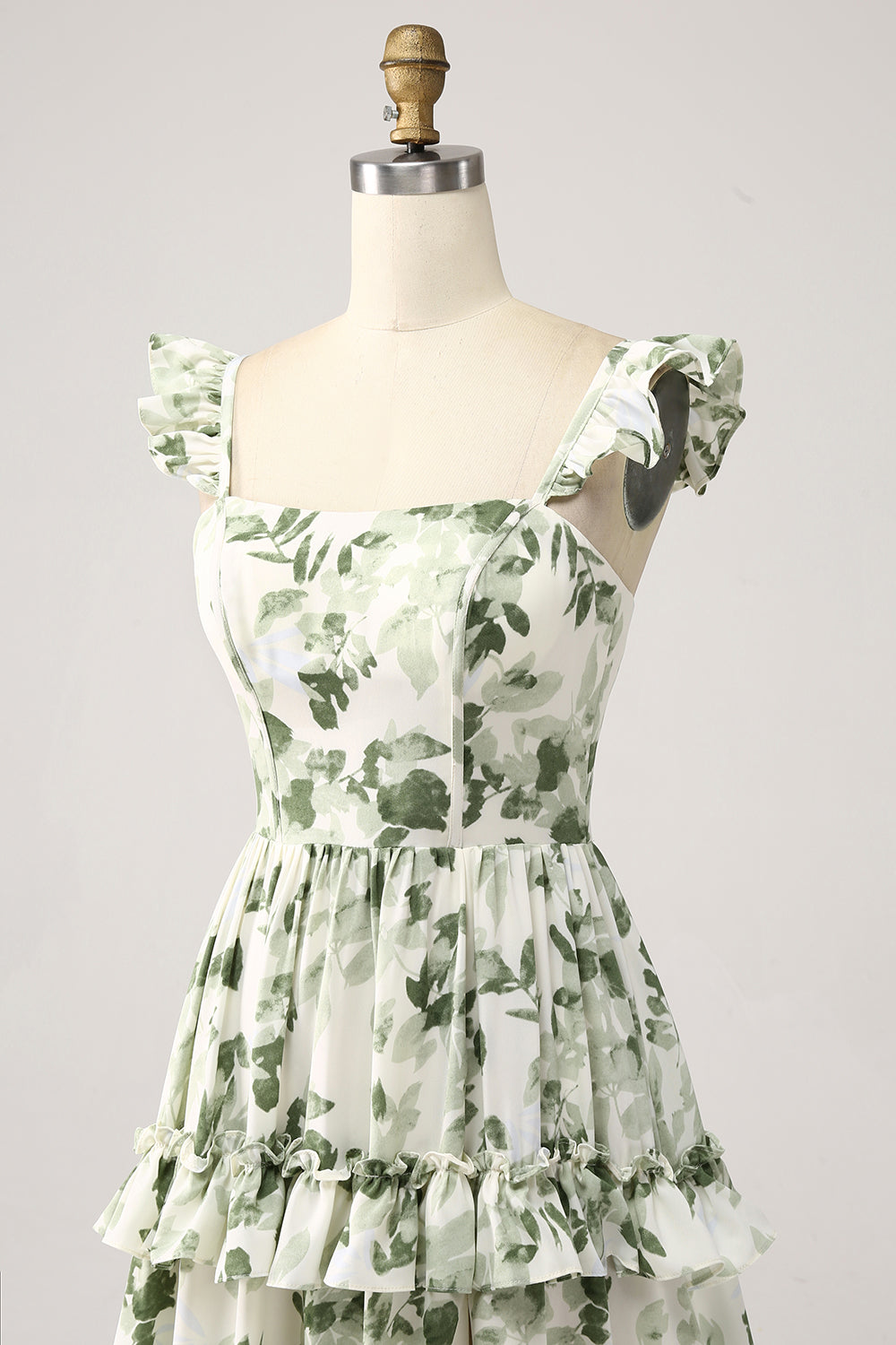 Green A-Line Spaghetti Straps Print Tiered Long Bridesmaid Dress With Slit