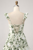 Green A-Line Spaghetti Straps Print Tiered Long Bridesmaid Dress With Slit