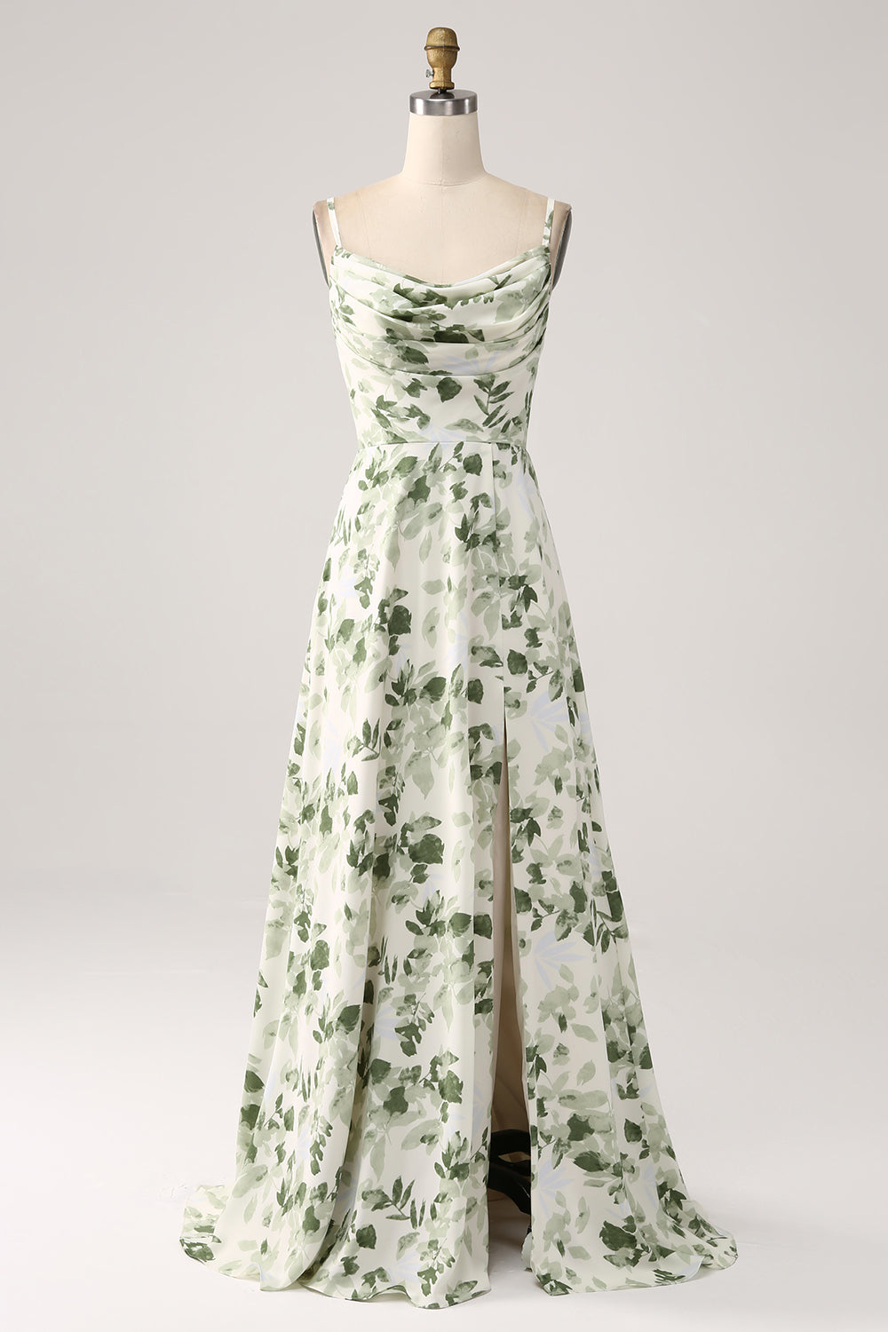 Green Cowl Neck A-Line Printed Long Bridesmaid Dress With Slit