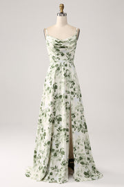 Green Cowl Neck A-Line Printed Long Bridesmaid Dress With Slit