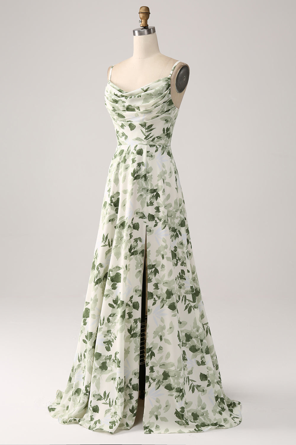 Green Cowl Neck A-Line Printed Long Bridesmaid Dress With Slit