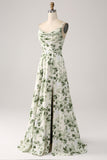 Green Cowl Neck A-Line Printed Long Bridesmaid Dress With Slit