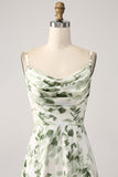Green Cowl Neck A-Line Printed Long Bridesmaid Dress With Slit