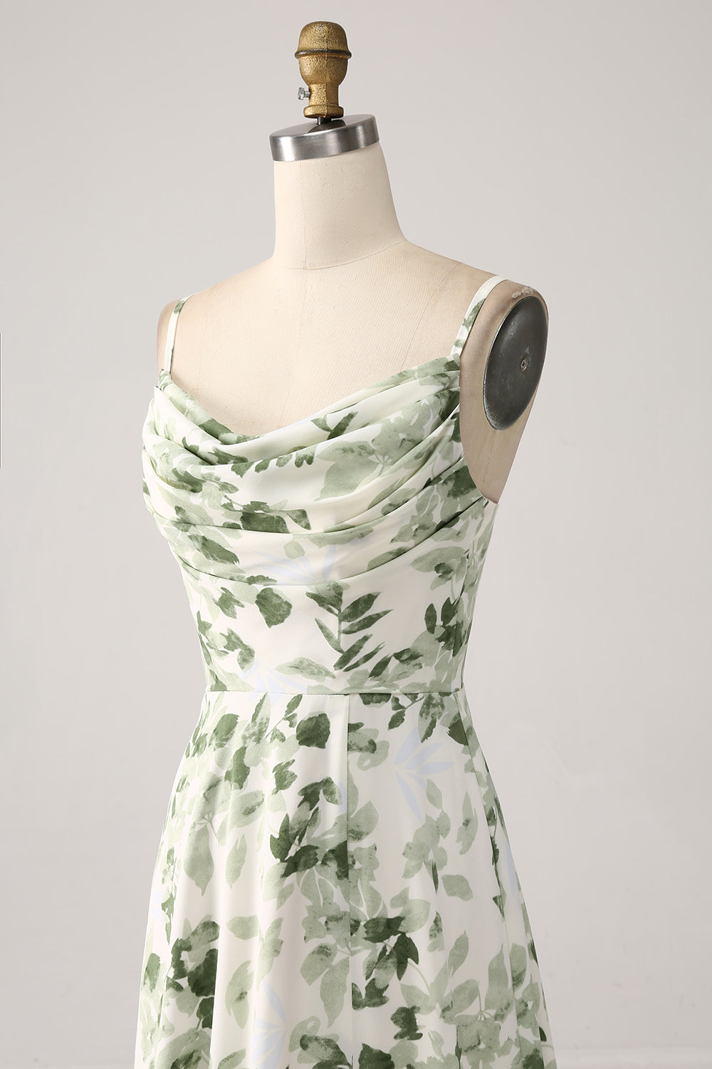 Green Cowl Neck A-Line Printed Long Bridesmaid Dress With Slit