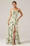 Green Cowl Neck A-Line Printed Long Bridesmaid Dress With Slit