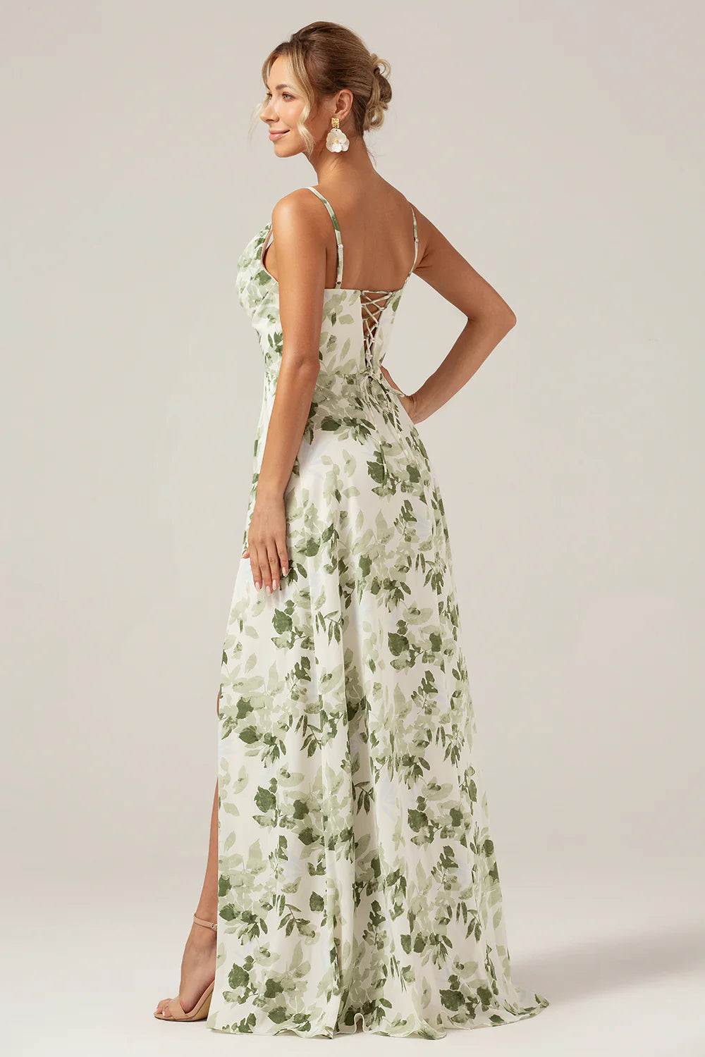 Green Cowl Neck A-Line Printed Long Bridesmaid Dress With Slit
