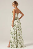 Green Cowl Neck A-Line Printed Long Bridesmaid Dress With Slit
