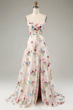 Ivory Flower A-Line Corset Long Prom Dress With Slit