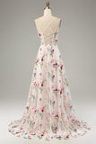 Ivory Flower A-Line Corset Long Prom Dress With Slit