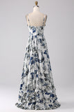 Blue A Line Printed Corset Long Prom Dress with Slit