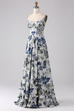 Blue A Line Printed Corset Long Prom Dress with Slit