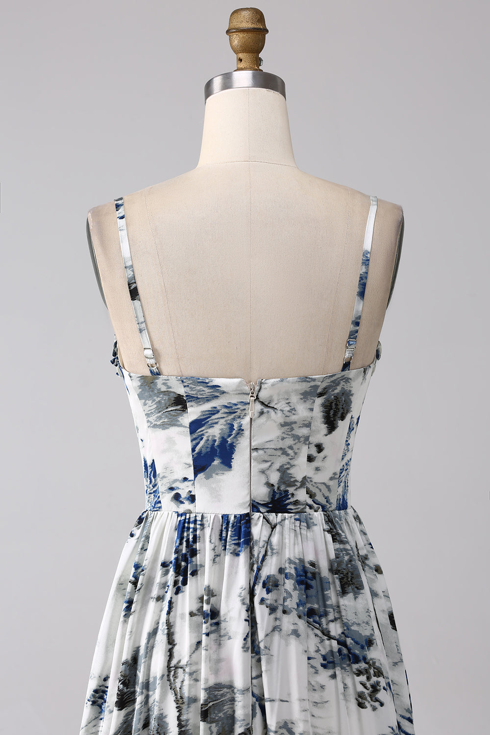 Blue A Line Printed Corset Long Prom Dress with Slit