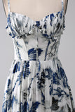 Blue A Line Printed Corset Long Prom Dress with Slit