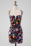 Flower Bodycon V Neck Spaghetti Straps Little Black Dress