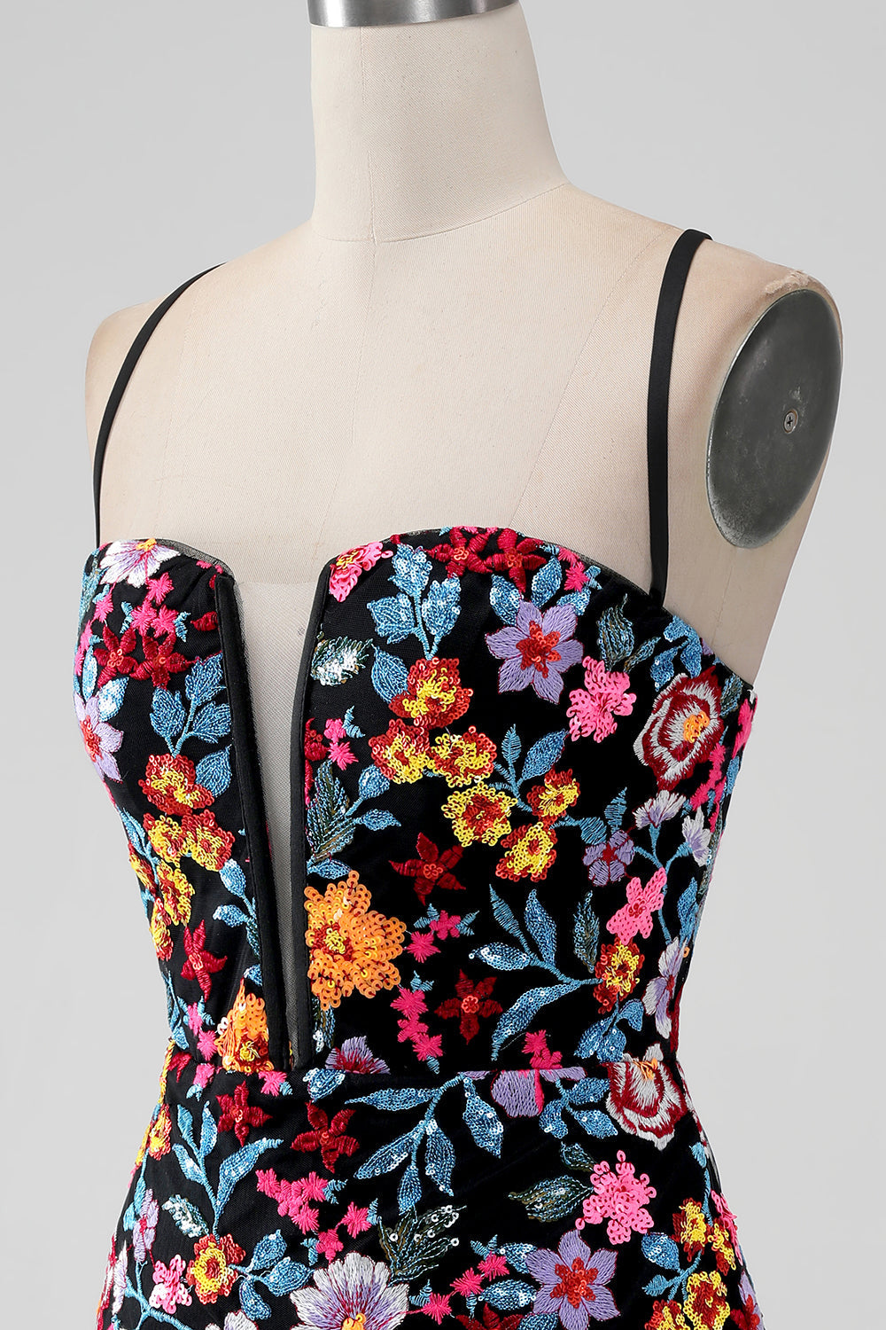 Flower Bodycon V Neck Spaghetti Straps Little Black Dress