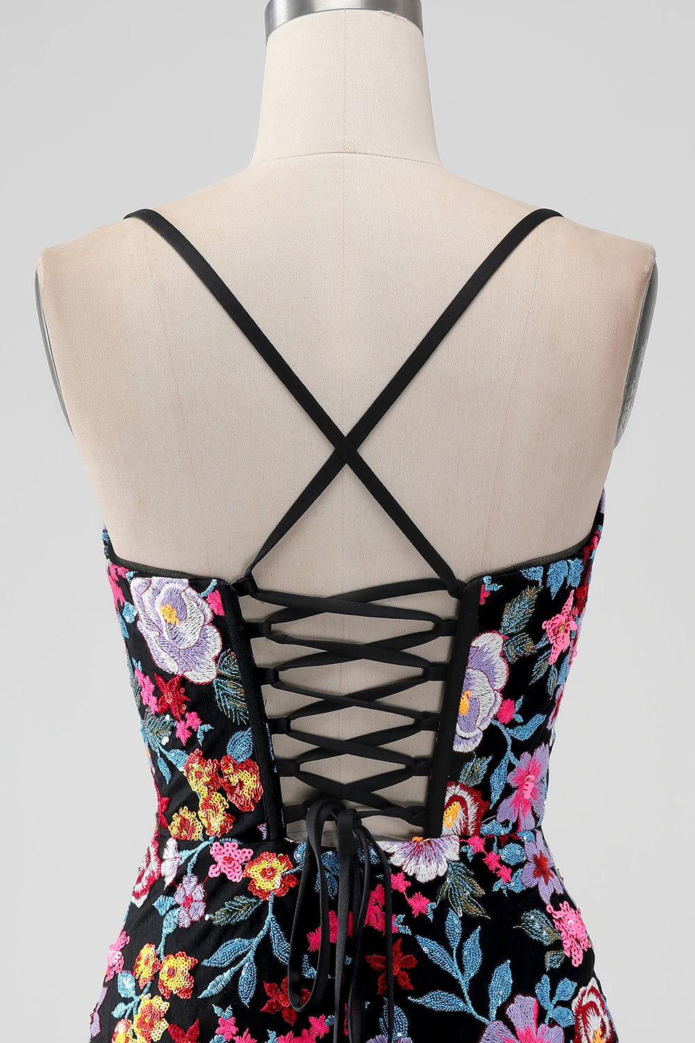 Flower Bodycon V Neck Spaghetti Straps Little Black Dress