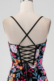 Flower Bodycon V Neck Spaghetti Straps Little Black Dress