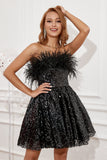 Strapless Little Black Dress with Feathers