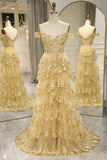 Golden Sparkly Tiered A Line Princess Prom Dress with Slit